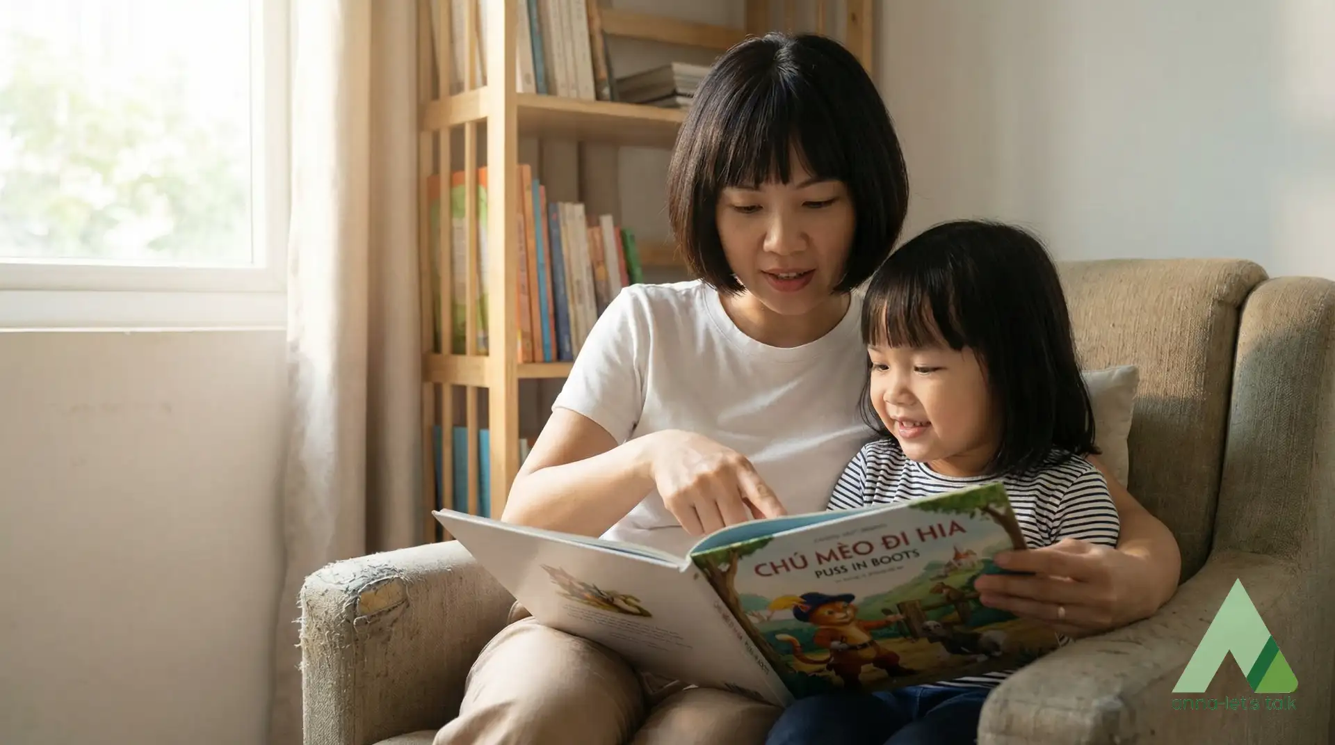 Parent reading with a child at home to support language exposure and speaking confidence