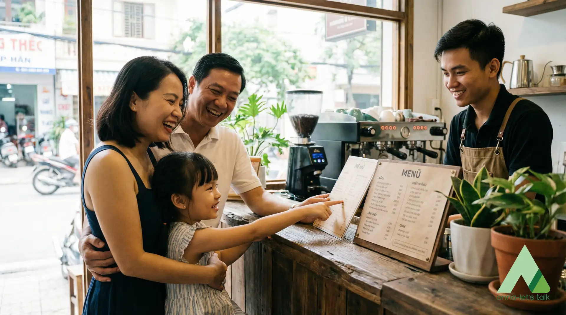 Child practicing a simple order at a small juice stall in Nha Trang