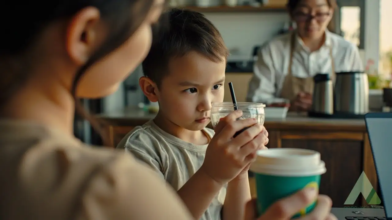 Child practicing English by ordering a drink at a cafe in Nha Trang