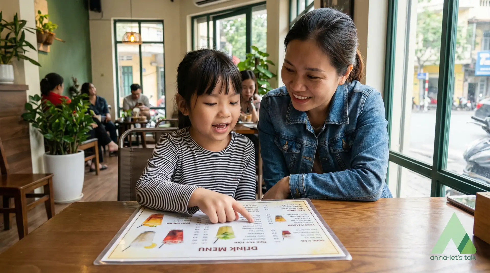 Child ordering a drink using a mix of Vietnamese and English in a Nha Trang cafe