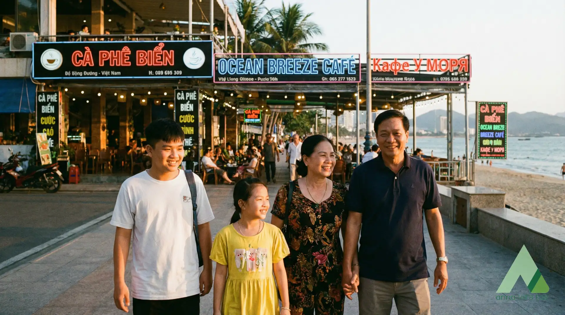Parent and child walking on Tran Phu in Nha Trang hearing Vietnamese and English around them