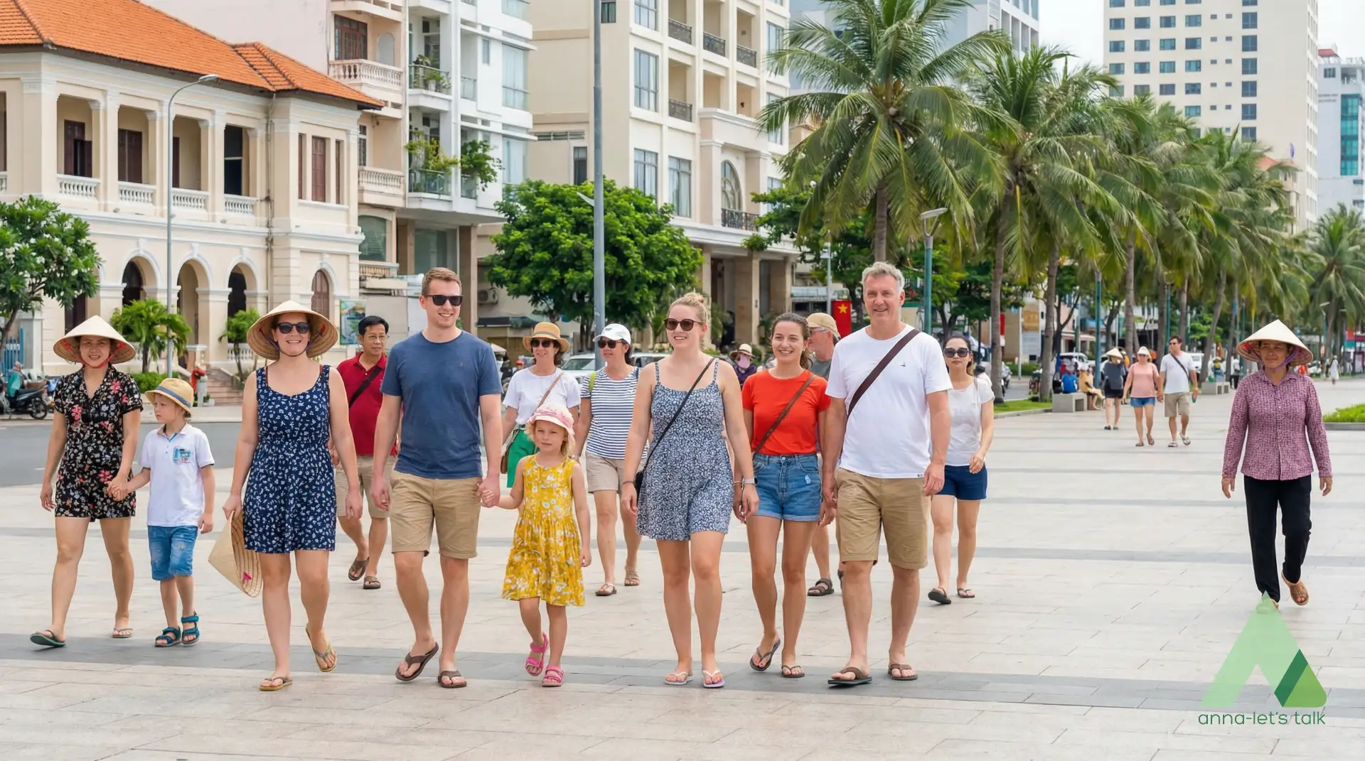 Child listening to simple English phrases at Nha Trang Night Market with parents nearby