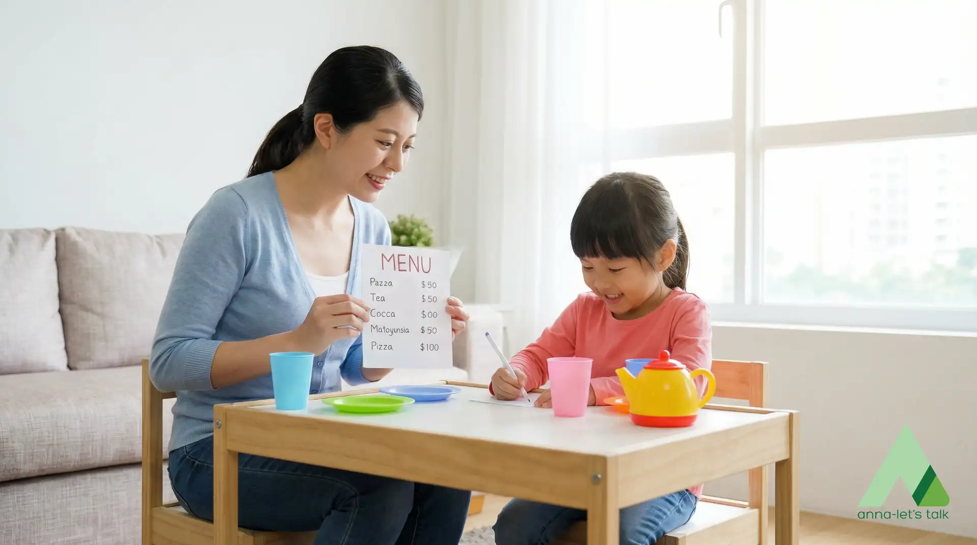Indoor role-play setup for kids to practice speaking on a rainy day in Nha Trang