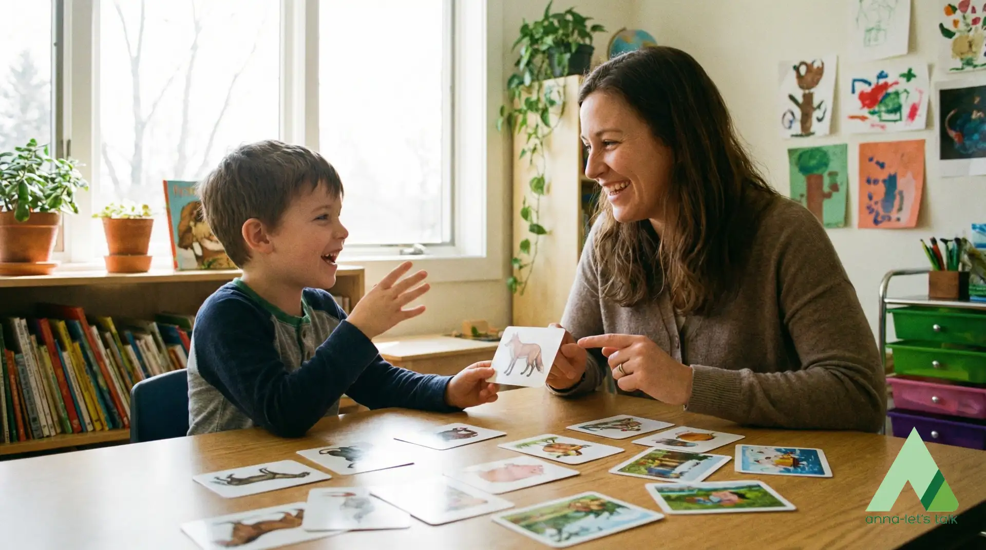 Child practicing spoken English through games in a tutoring session